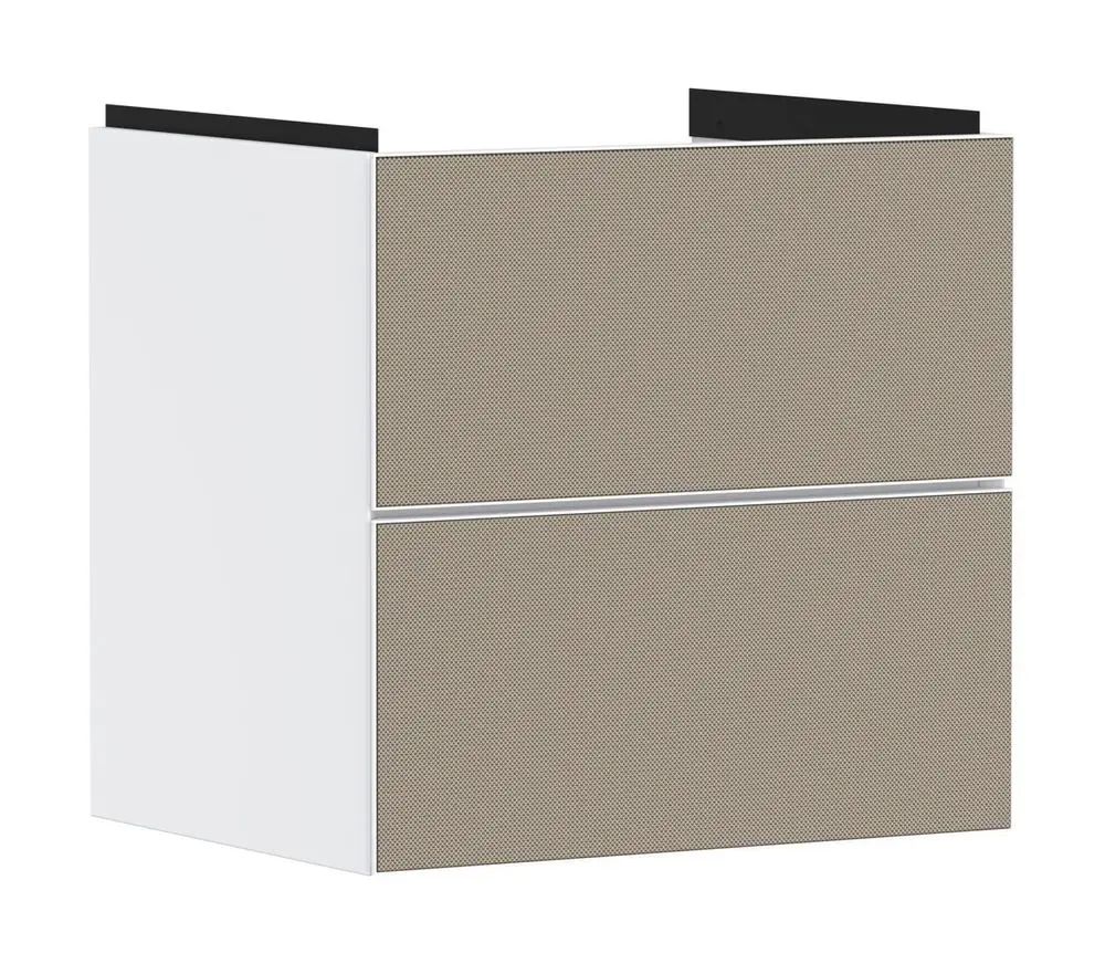 Waschtischunterschrank in Mattweiß mit zwei Schubkästen. Die Fronten sind gelocht und bieten einen offenen Look. Produkt von Hansgrohe für Badezimmer.